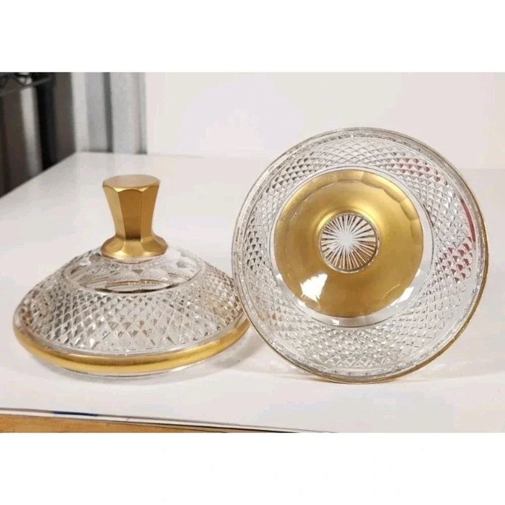 Vintage Moser Style Heavy Cut Crystal Lidded Candy Dish Gold Gilt Pedestal Cover